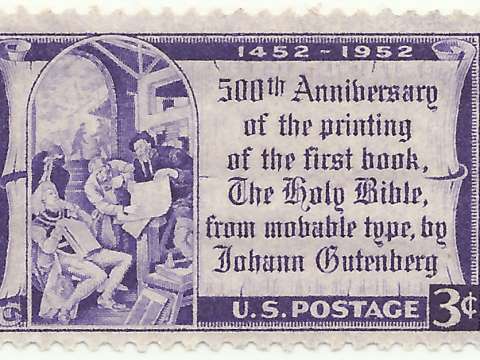 United States Postal Service stamp issued in 1952 commemorating the 500th anniversary of Gutenberg's first printed Bible