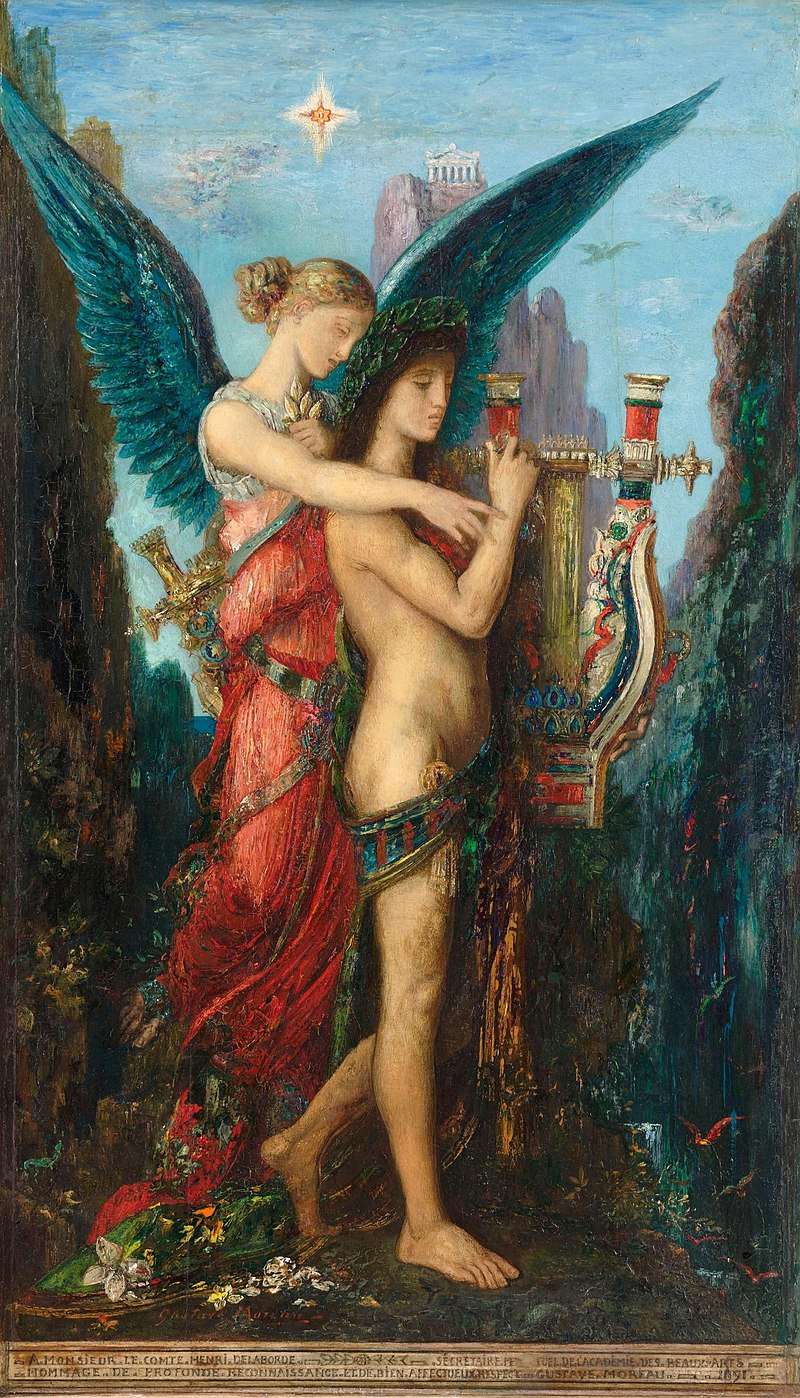 Hesiod and the Muse (1891), by Gustave Moreau. The poet is presented with a lyre, in contradiction to the account given by Hesiod himself in which the gift was a laurel staff.