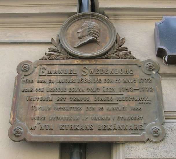 Memorial plaque at the former location of Swedenborg's house at Hornsgatan on Södermalm, Stockholm.