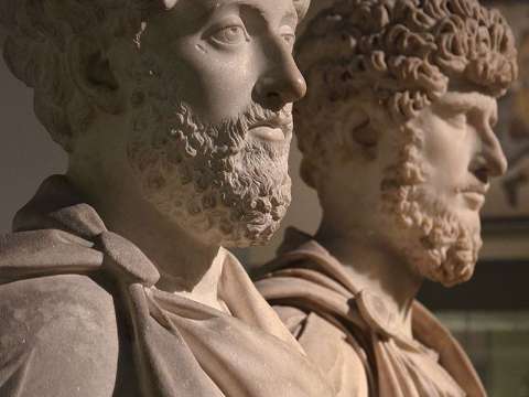 Busts of the co-emperors Marcus Aurelius (left) and Lucius Verus (right), British Museum