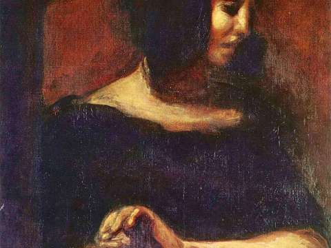 George Sand sewing, from Delacroix's joint portrait of Chopin and Sand, 1838