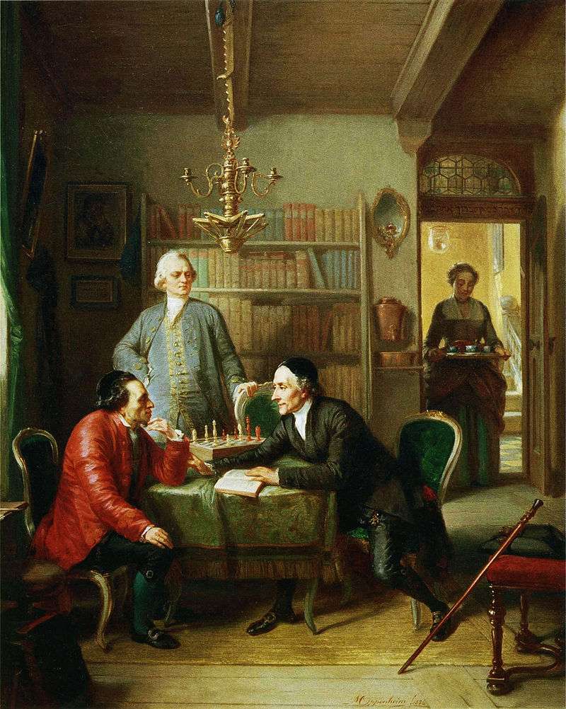Mendelssohn, Lavater and Lessing, in an imaginary portrait by the Jewish artist Moritz Daniel Oppenheim (1856). Collection of the Judah L. Magnes Museum