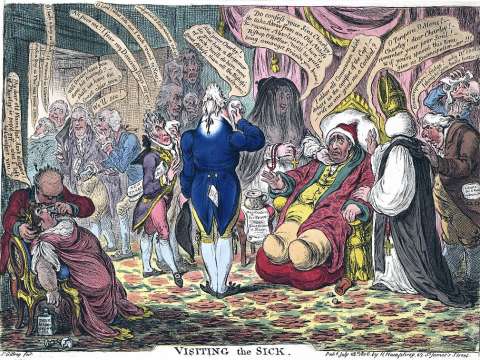 In Visiting the Sick (1806), James Gillray caricatured Fox's last months.