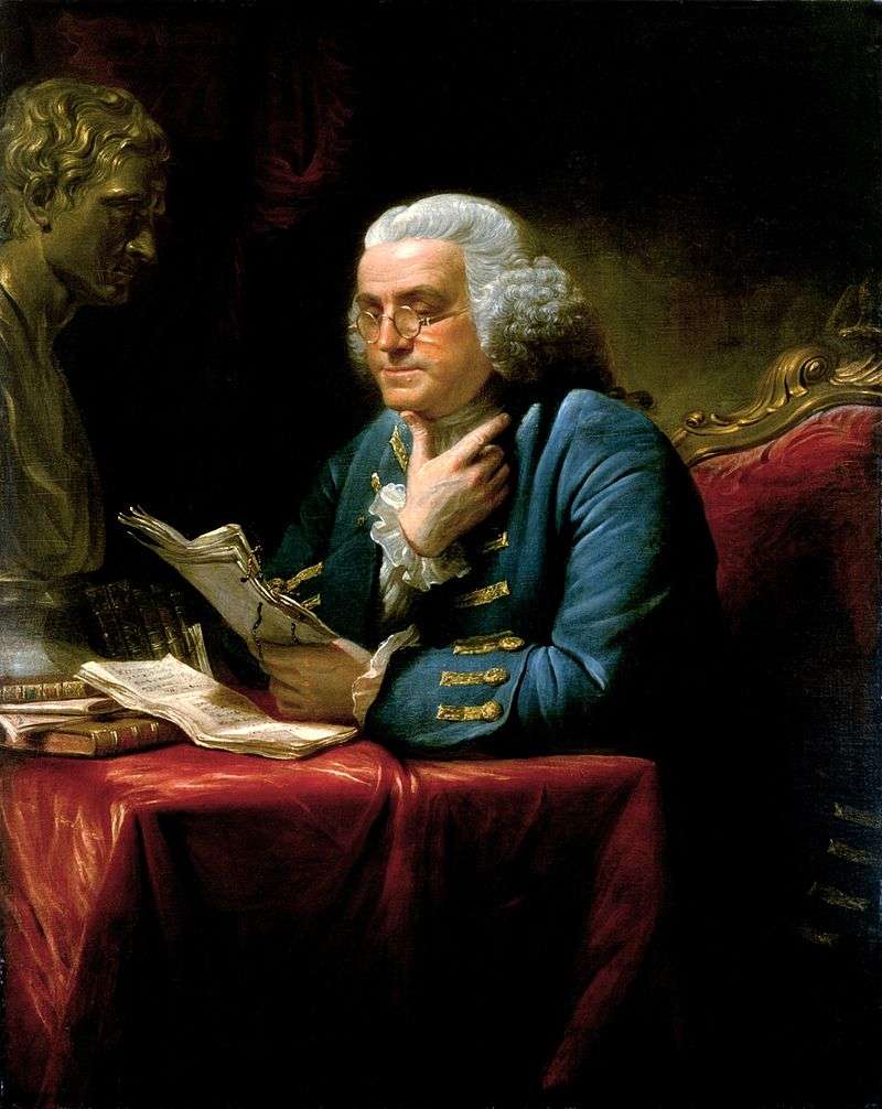 Franklin in London, 1767, wearing a blue suit with elaborate gold braid and buttons, a far cry from the simple dress he affected at the French court in later years