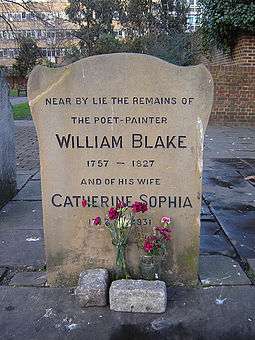 Headstone in Bunhill Fields, London, erected on Blake's grave in 1927 and moved to its present location in 1964–65