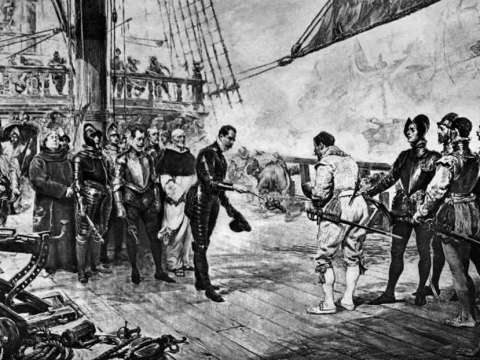 Drake taking the surrender of Admiral Pedro de Valdés on the Spanish galleon Nuestra Señora del Rosario