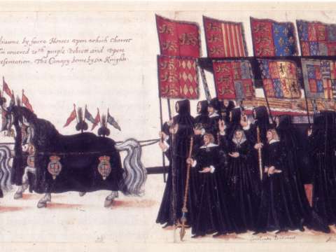 Elizabeth's funeral cortège, 1603, with banners of her royal ancestors
