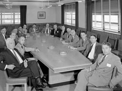 Wernher von Braun at a meeting of NACA's Special Committee on Space Technology, 1958