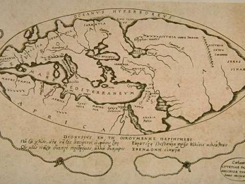 World map according to ideas by Posidonius (150–130 BC), drawn in 1628 by cartographers Petrus Bertius and Melchior Tavernier.