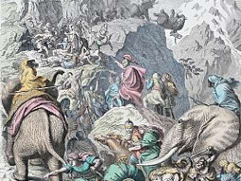 Hannibal and his men crossing the Alps