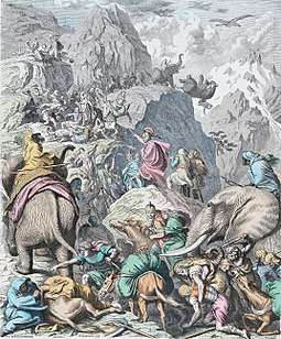 Hannibal and his men crossing the Alps