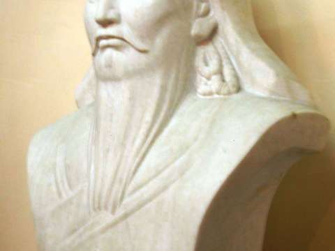 A bust of Genghis Khan adorns a wall in the presidential palace in Ulaanbaatar, Mongolia.