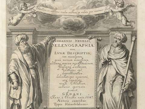Hevelius's Selenographia, showing Alhasen [sic] representing reason, and Galileo representing the senses.