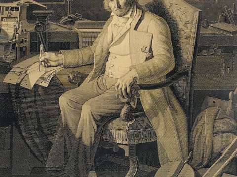 This portrait of Jacquard was woven in silk on a Jacquard loom and required 24,000 punched cards to create (1839).