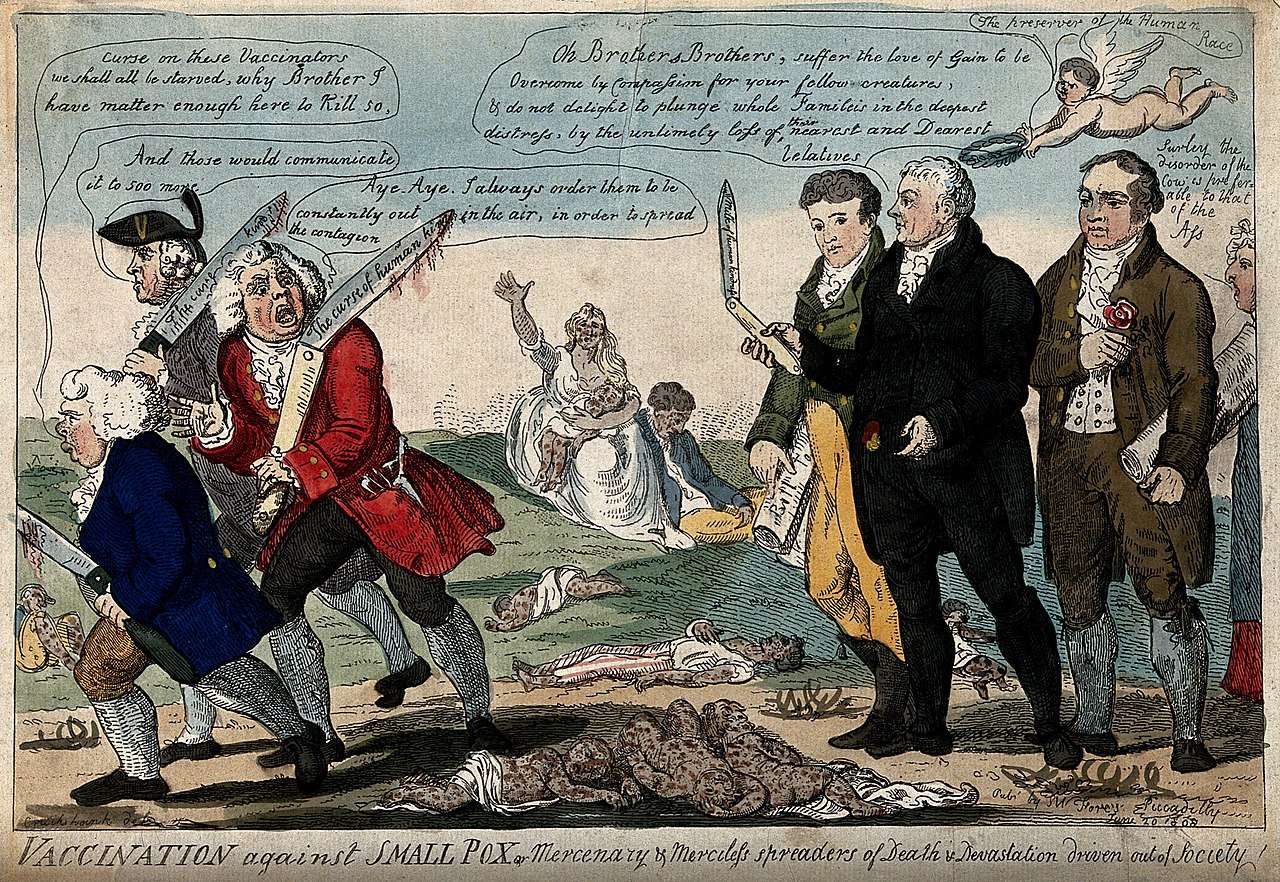 1808 cartoon showing Jenner, Thomas Dimsdale and George Rose seeing off anti-vaccination opponents