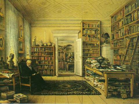 Alexander von Humboldt in his library in his Oranienburger Strasse, Berlin apartment, by Eduard Hildebrandt.