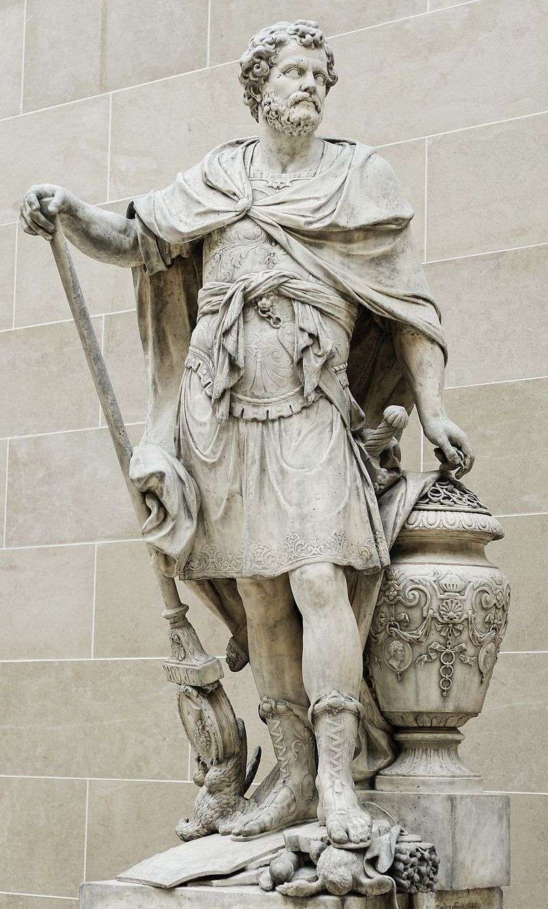 Hannibal counting the signet rings of Roman nobles killed during the battle, statue by Sébastien Slodtz, 1704, Louvre