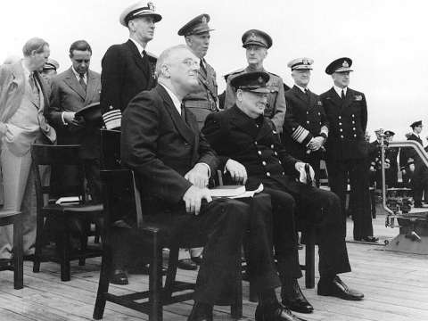 Roosevelt and Winston Churchill aboard HMS Prince of Wales for 1941 Atlantic Charter meeting