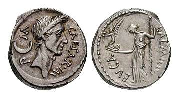 A denarius depicting Julius Caesar, dated to February–March 44 BC