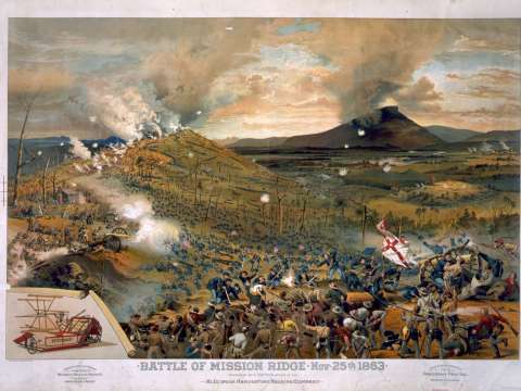 Union troops swarm Missionary Ridge and defeat Bragg's army. Published 1886