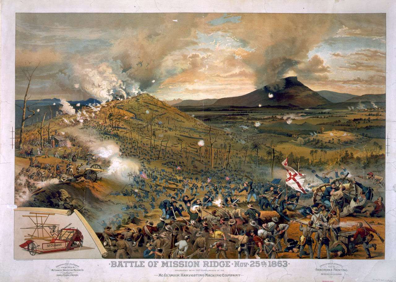 Union troops swarm Missionary Ridge and defeat Bragg's army. Published 1886