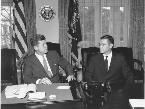 Kennedy meets with Secretary of Defense, Robert McNamara, 1962