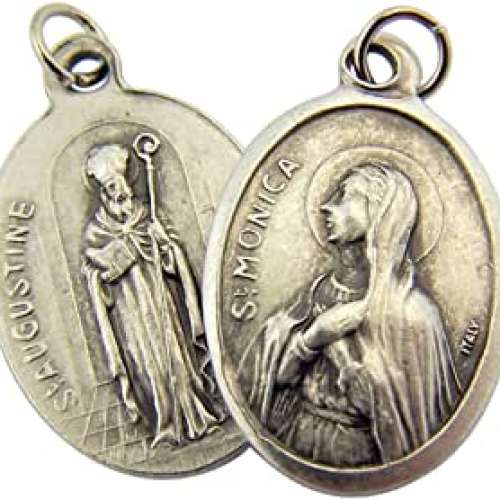 Silver Toned Base Saint Monica with St Augustine Medal Pendant