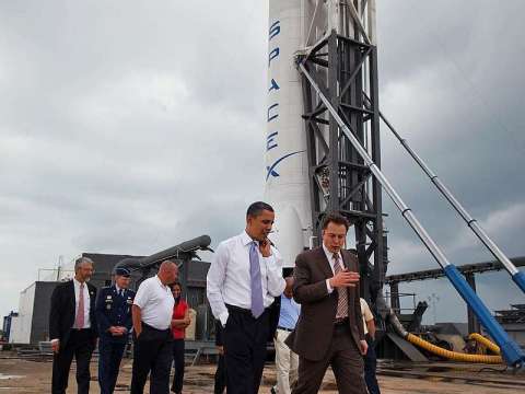 Musk (far right) and President Barack Obama at the Cape Canaveral Space Launch Complex 40, launch site of the SpaceX Falcon 9, 2010
