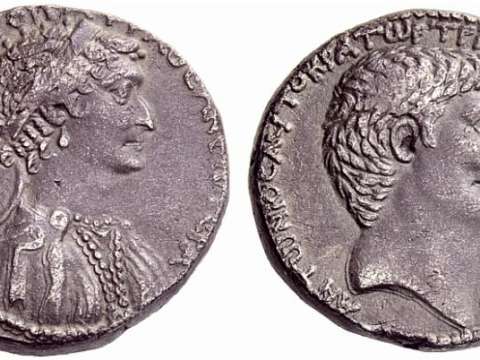 Cleopatra and Mark Antony on the obverse and reverse, respectively, of a silver tetradrachm struck at the Antioch mint in 36 BC