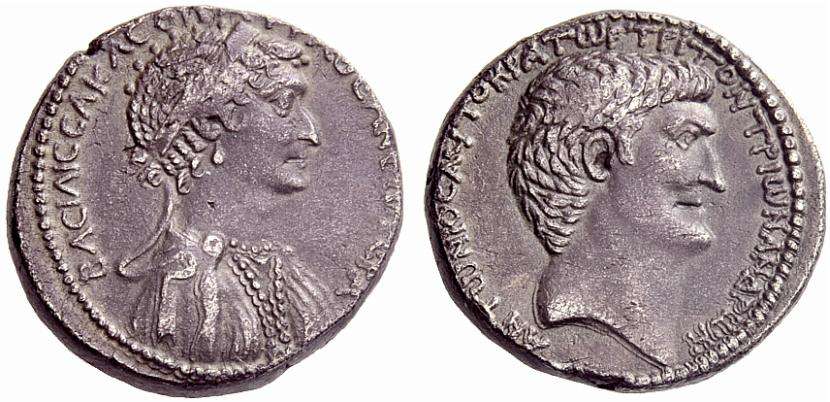 Cleopatra and Mark Antony on the obverse and reverse, respectively, of a silver tetradrachm struck at the Antioch mint in 36 BC
