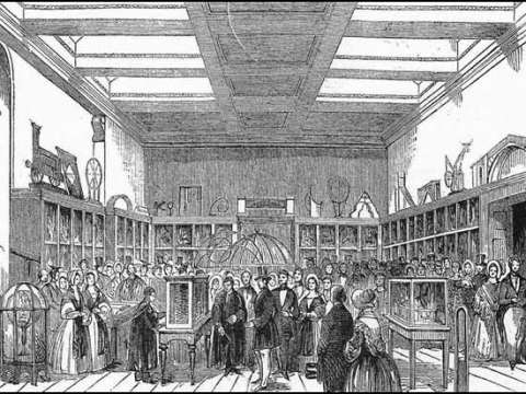 Part of the Analytical Engine on display, in 1843, left of centre in this engraving of the King George III Museum in King's College, London.