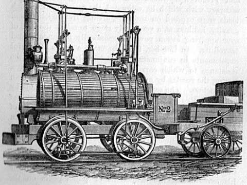 Early Stephenson locomotive illustrated in Samuel Smiles' Lives of the Engineers (1862).