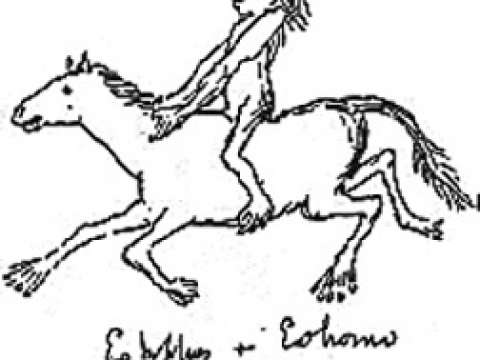 Huxley's sketch of then hypothetical five-toed Eohippus being ridden by 