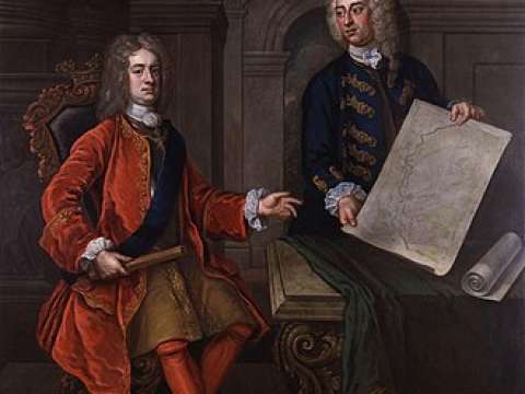 Marlborough and John Armstrong his chief engineer, possibly by Enoch Seeman. Depicted discussing the Siege of Bouchain.