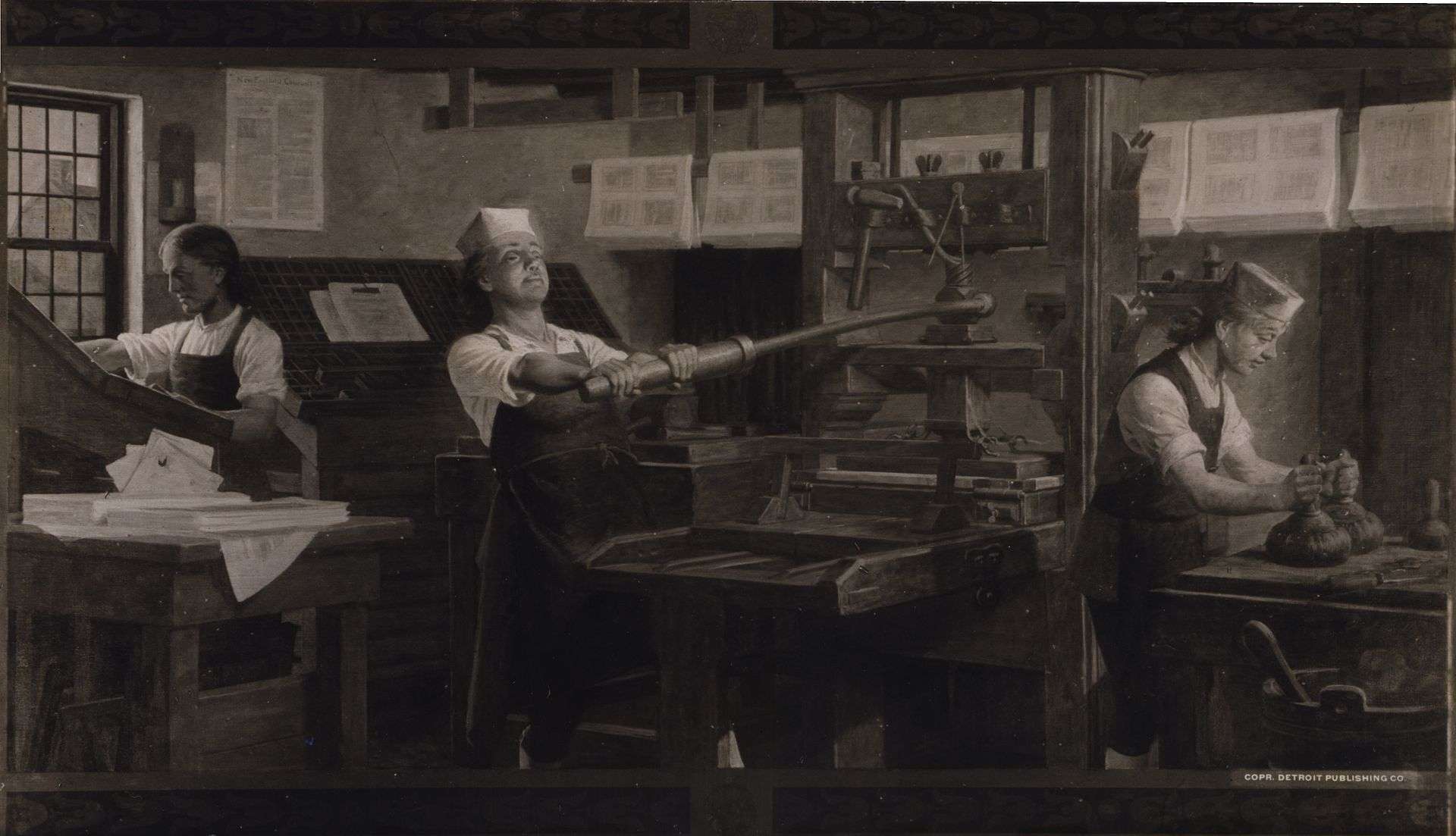 Benjamin Franklin (center) at work on a printing press. Reproduction of a Charles Mills painting by the Detroit Publishing Company.