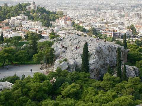 The Areopagus, as viewed from the Acropolis, is a monolith where Athenian aristocrats decided important matters of state during Solon's time.