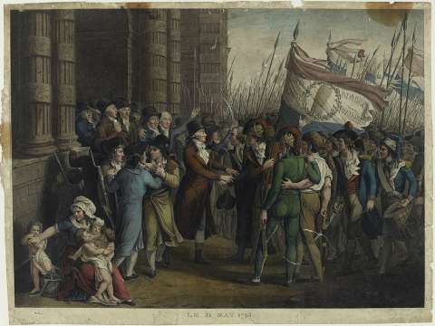 The uprising of the Parisian sans-culottes from 31 May to 2 June 1793. The scene takes place in front of the Deputies Chamber in the Tuileries. The depiction shows Marie-Jean Hérault de Séchelles and Pierre Victurnien Vergniaud.