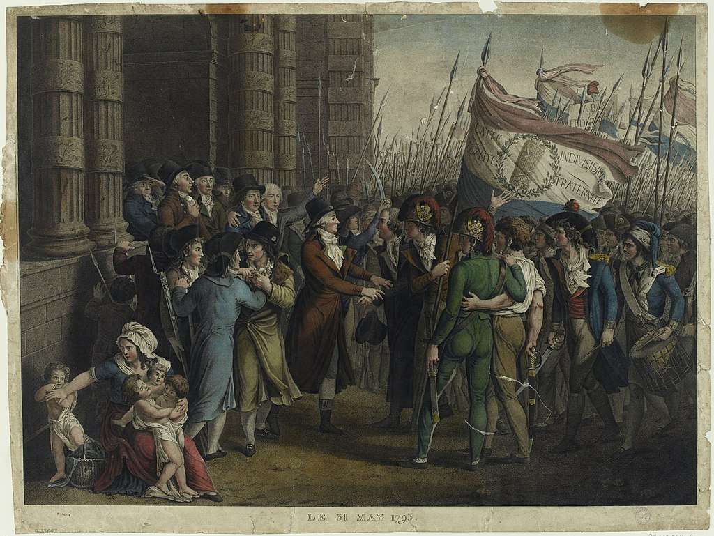 The uprising of the Parisian sans-culottes from 31 May to 2 June 1793. The scene takes place in front of the Deputies Chamber in the Tuileries. The depiction shows Marie-Jean Hérault de Séchelles and Pierre Victurnien Vergniaud.