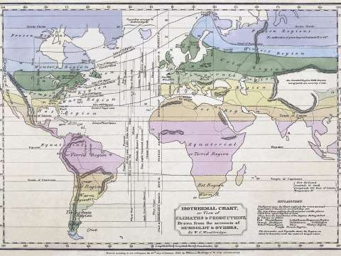 Isothermal map of the world using Humboldt's data by William Channing Woodbridge.