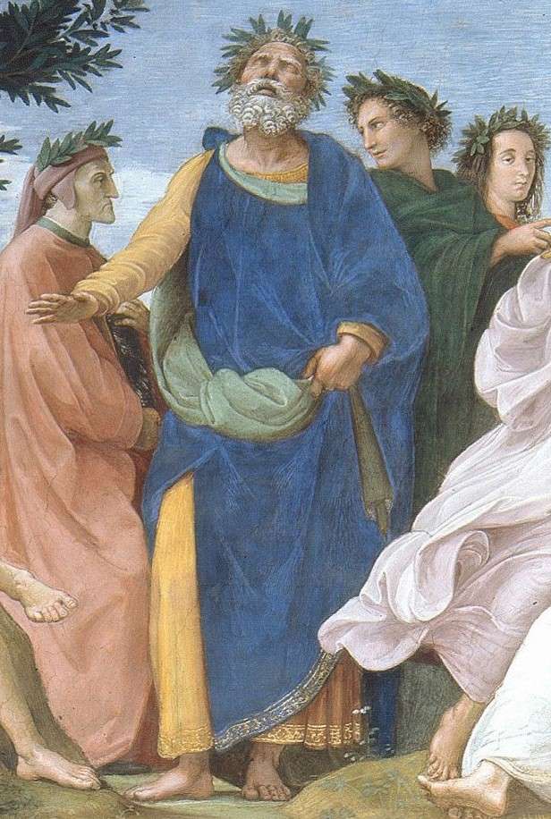 Detail of The Parnassus (painted 1509–1510) by Raphael, depicting Homer wearing a crown of laurels atop Mount Parnassus, with Dante Alighieri on his right and Virgil on his left