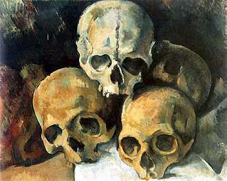 Pyramid of Skulls, c. 1901, The dramatic resignation to death informs several still life paintings Cézanne made in his final period between 1898 and 1905 which take the skulls as their subject. 