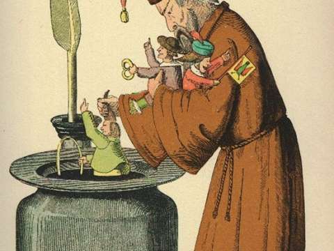 Agrippa (Saint Nicholas in the original) dipping the naughty boys in his inkwell.