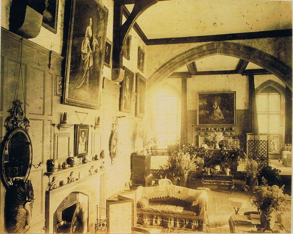 The hall at Loton Park, c. 1870. Showing, in situ, on the far wall Reynolds' Frances Anne Crewe (Miss Greville), as St. Genevieve (c. 1773)