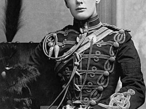 Churchill in the military dress uniform of the 4th Queen's Own Hussars at Aldershot in 1895.