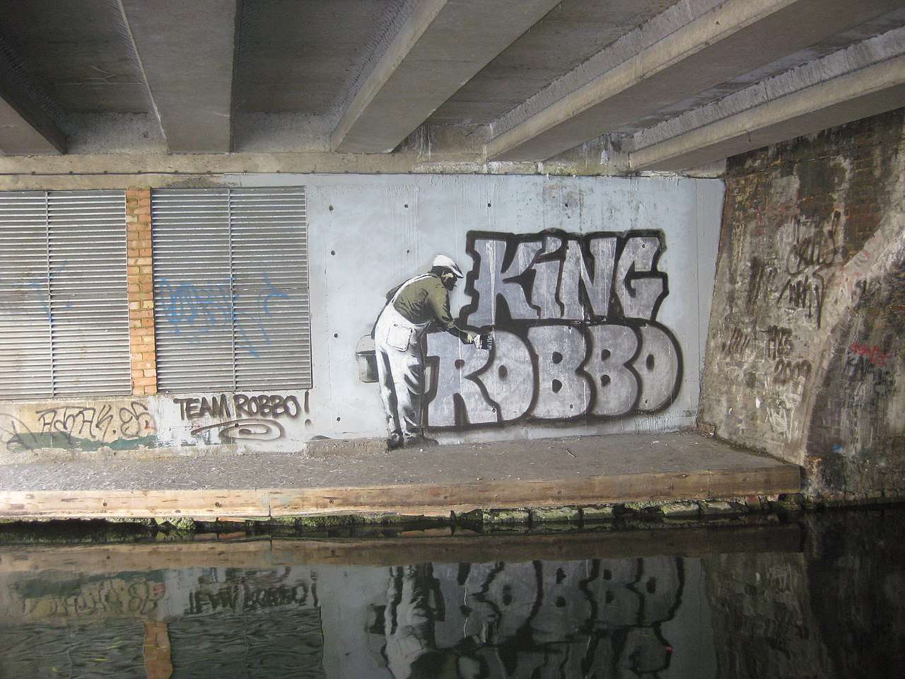 The location of the damaged 1985 graffiti by Robbo in Camden, London allegedly painted over by Banksy and subsequently painted over by Robbo in retaliation.