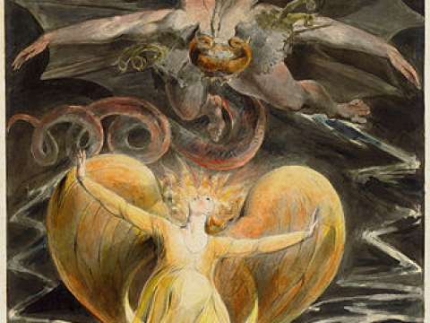 Blake's The Great Red Dragon and the Woman Clothed with Sun (1805) is one of a series of illustrations of Revelation 12.