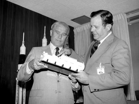 Von Braun and William R. Lucas, the first and third Marshall Space Flight Center directors, viewing a Spacelab model in 1974