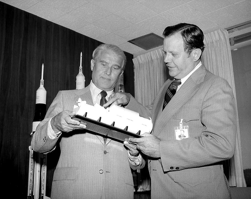 Von Braun and William R. Lucas, the first and third Marshall Space Flight Center directors, viewing a Spacelab model in 1974