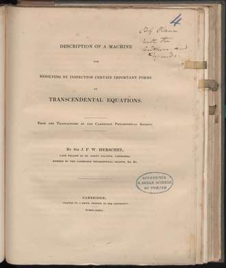 Description of a machine for resolving by inspection certain important forms of transcendental equations, 1832