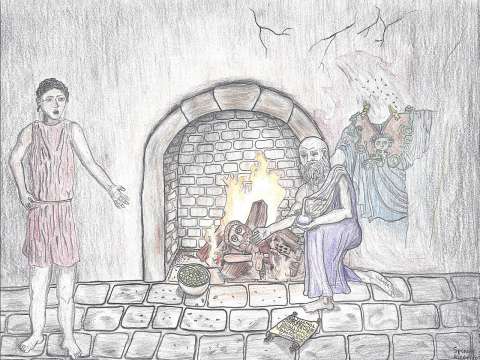 Pencil illustration drawn between 2018 and 2020 representing the artist's interpretation of the legend of Diagoras of Melos burning the statue of Herakles
